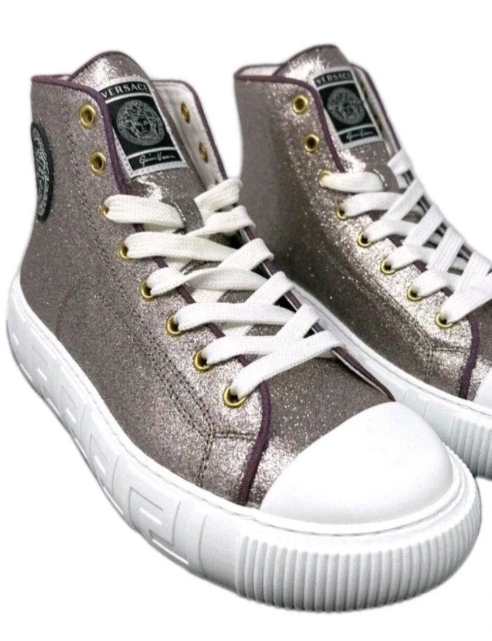 Versace Greca HighTop Plum Gold Glitter Sneakers Women's EU 39 / US Size 8.5 - Picture 3 of 10